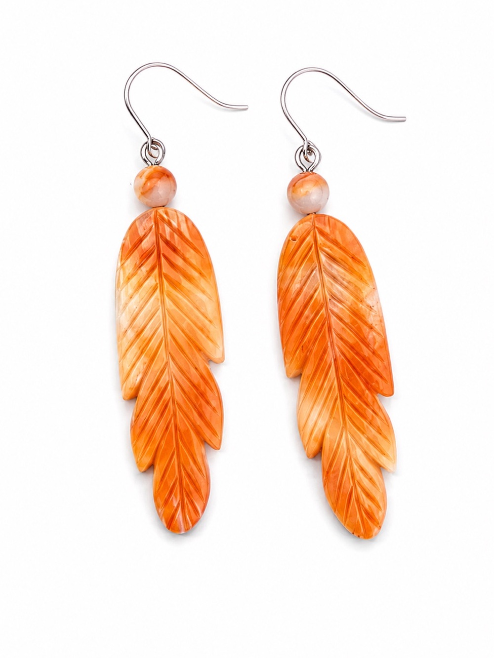 Navajo Native American Handcrafted Orange Feather Drop Earrings